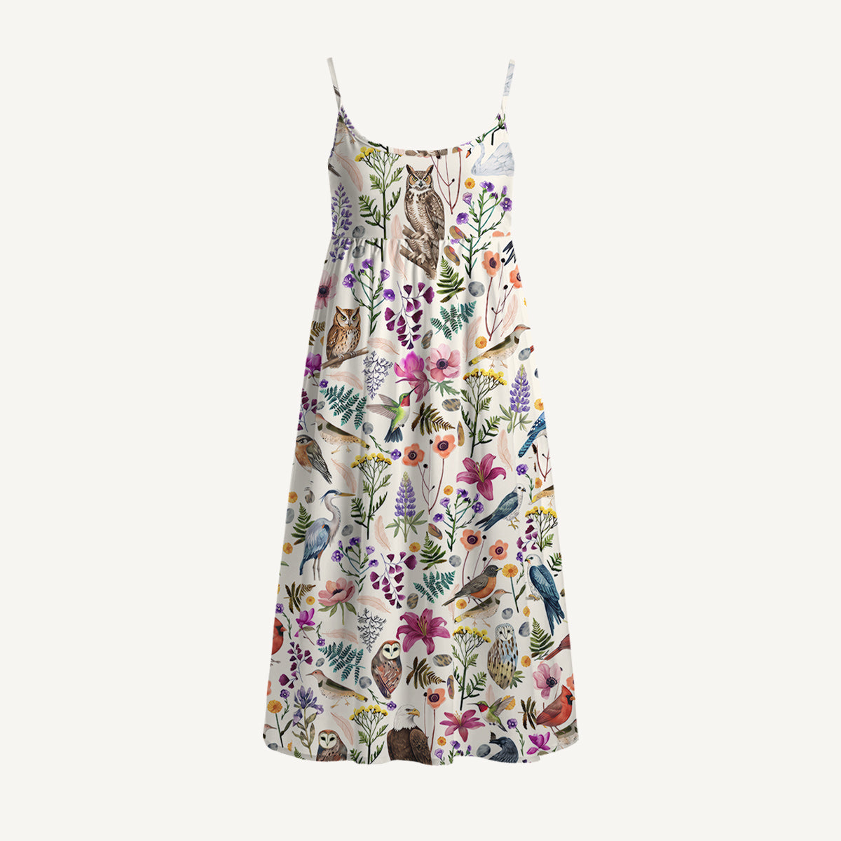 Whimsical Woodland Birds Wildflowers Print Spaghetti Strap Mini Dress