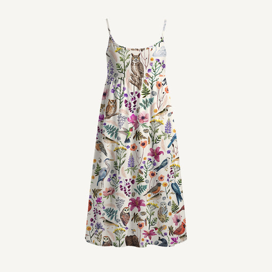 Whimsical Woodland Birds Wildflowers Print Spaghetti Strap Mini Dress