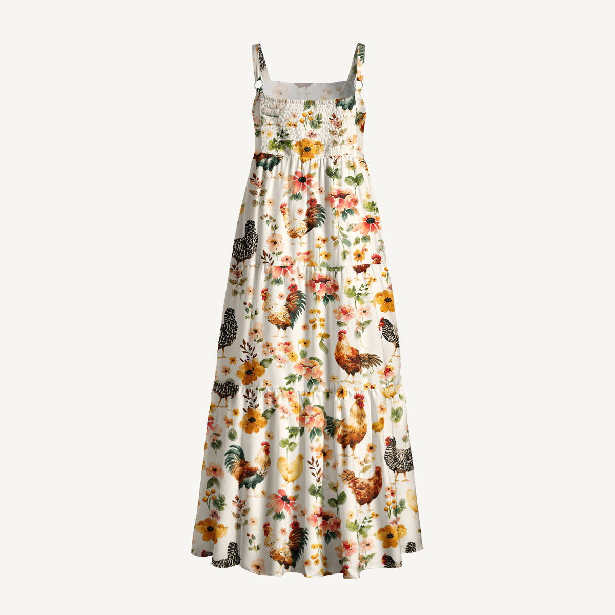 Watercolor Chicken Floral Print Wide Straps Maxi Dress With Pockets