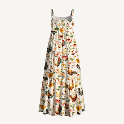 Watercolor Chicken Floral Print Wide Straps Maxi Dress With Pockets