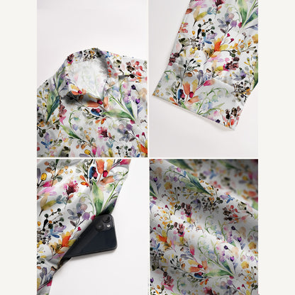 V Neck Collared Watercolor Wildflower Garden Print Casual Midi Dress With Pockets