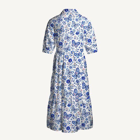 V Neck Collared Delft Blue Butterfly Floral Print Casual Midi Dress With Pockets