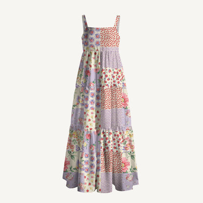 Country Patchwork Floral Printed Wide Straps Maxi Dress With Pockets
