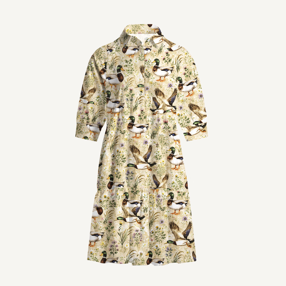 V Neck Collared Watercolor Mallard Ducks Mini Dress For Women With Pockets