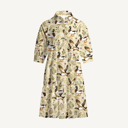 V Neck Collared Watercolor Mallard Ducks Mini Dress For Women With Pockets