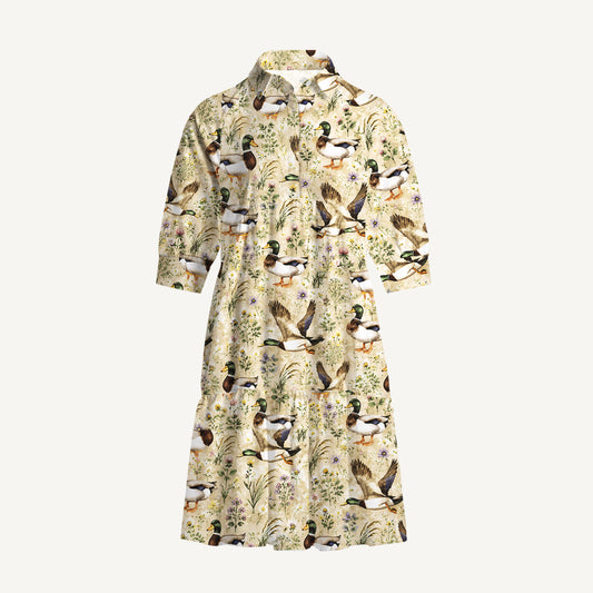 V Neck Collared Watercolor Mallard Ducks Mini Dress For Women With Pockets