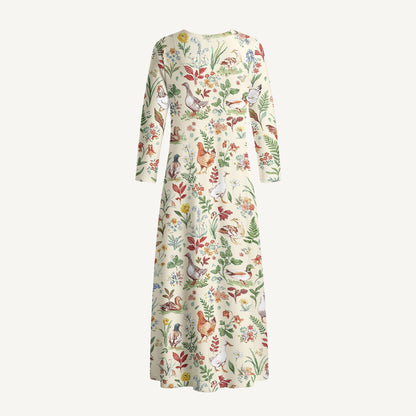 Countryside Garden Critter Print Soft-Touch Stretch Knit Long Sleeve Maxi Dress with Pockets