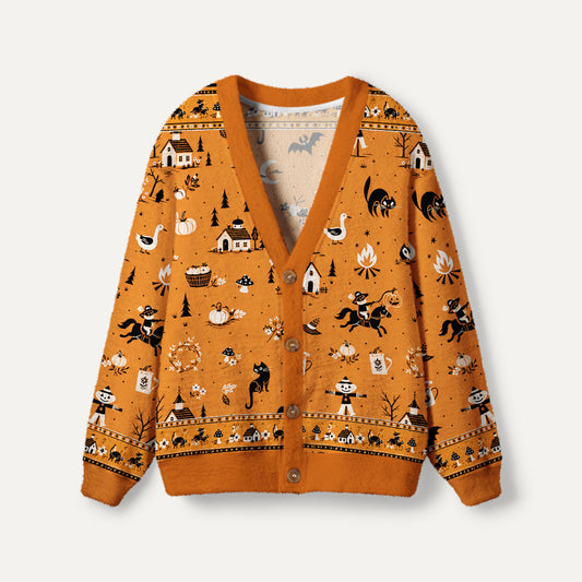 Moonlit Halloween Village Story Print Ugly Cardigan Sweaters