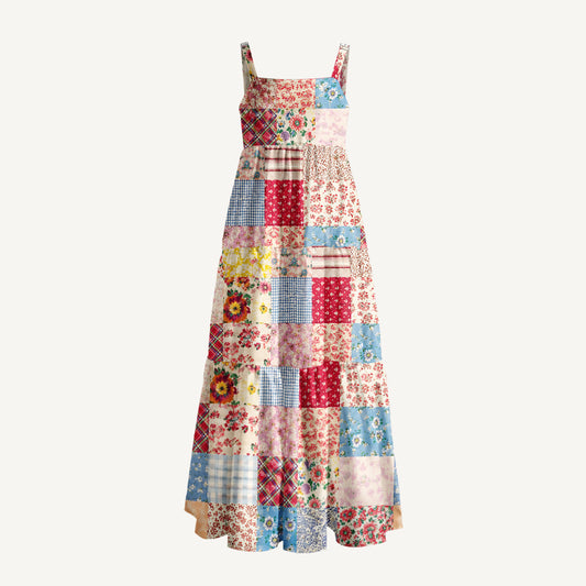Country Cottage Patchwork Print Wide Straps Maxi Dress With Pockets