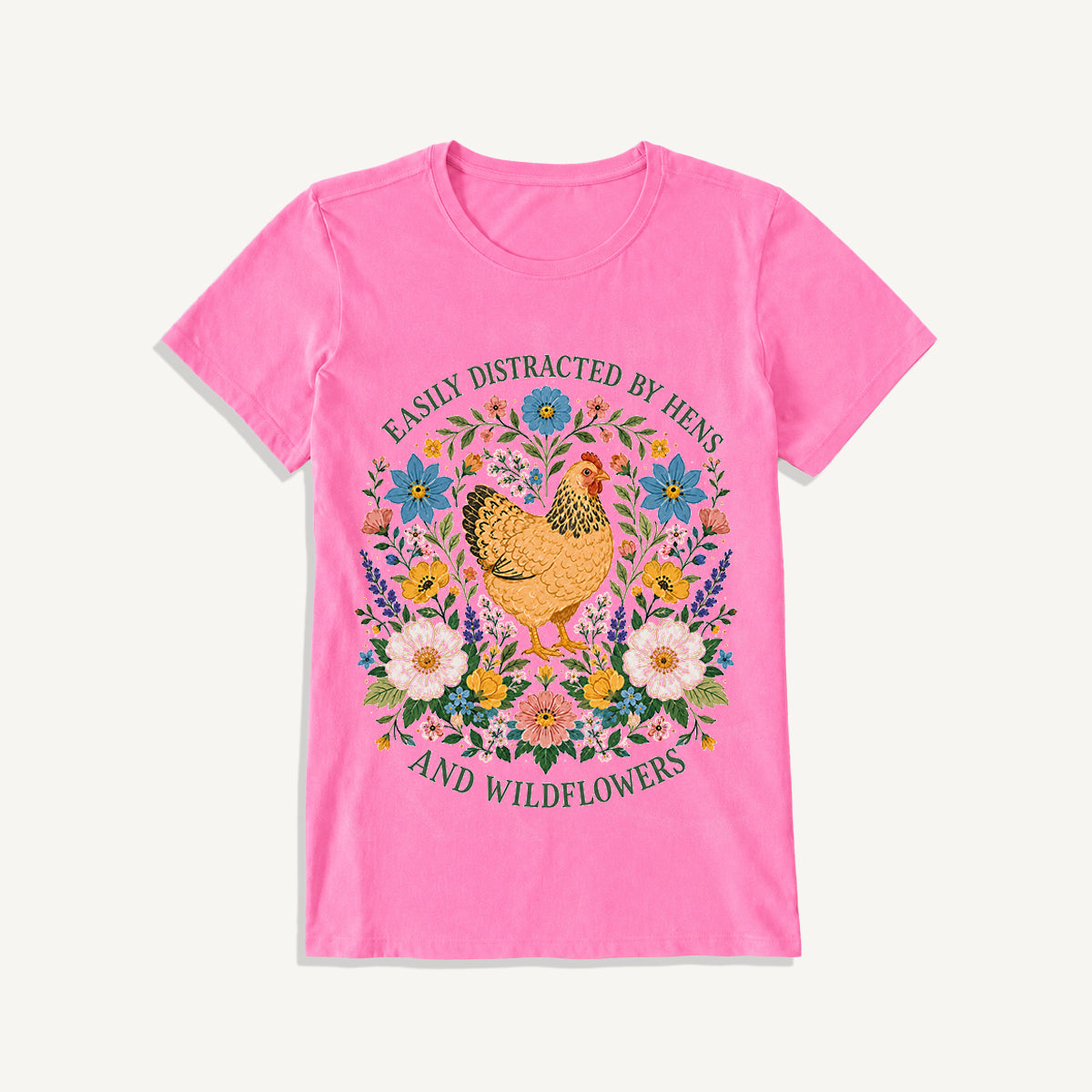Hen and Wildflowers Cottage Print Crew Neck Cotton Tee