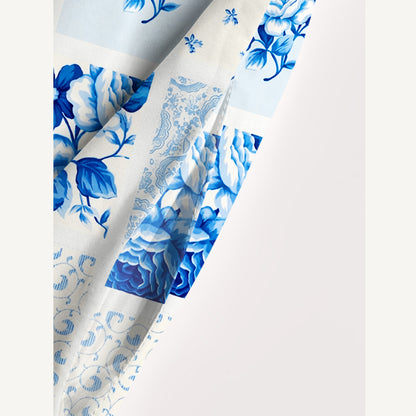 Delft Blue Floral Print Wide Straps Maxi Dress With Pockets