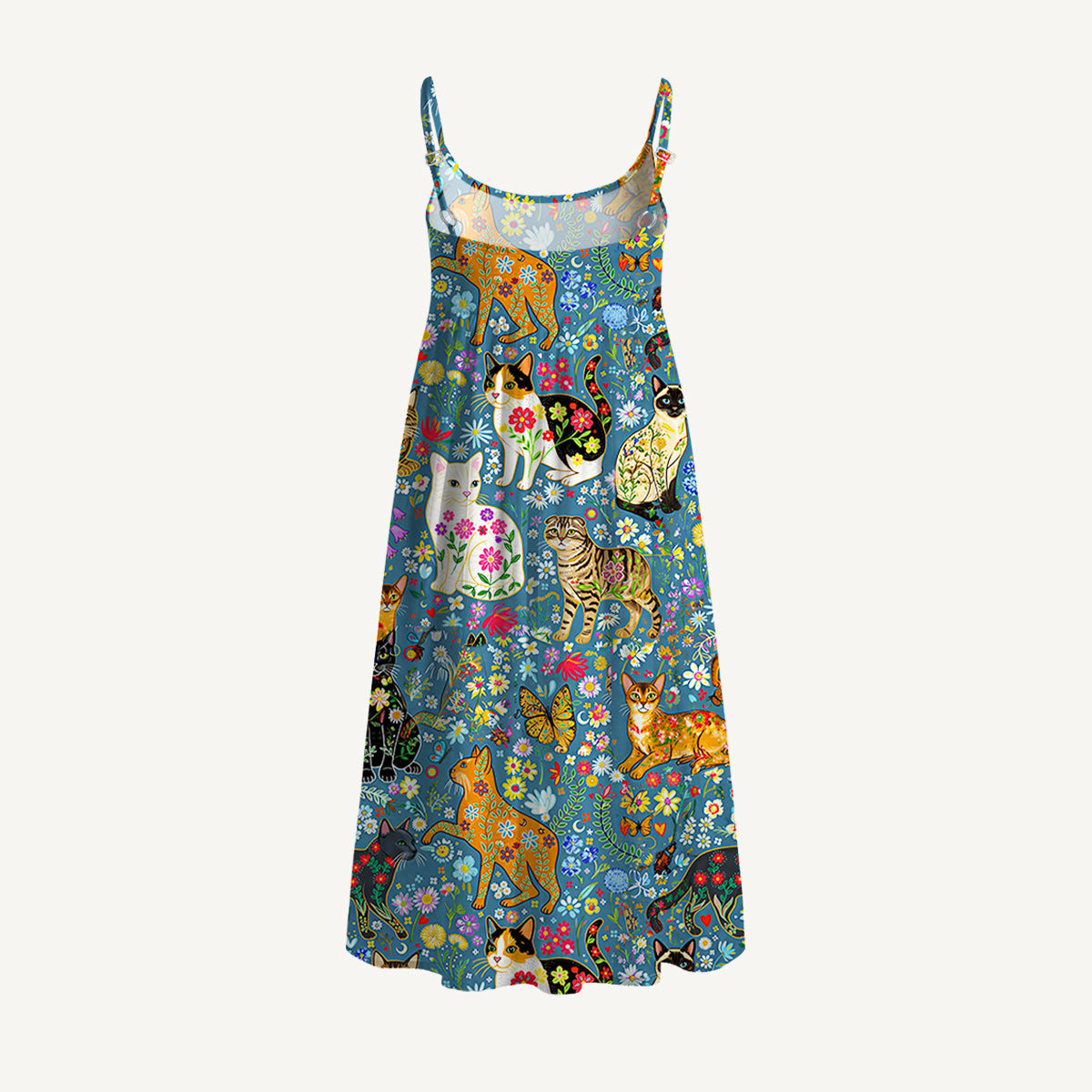 Colorful Garden Cat Spaghetti Strap Mini Dress