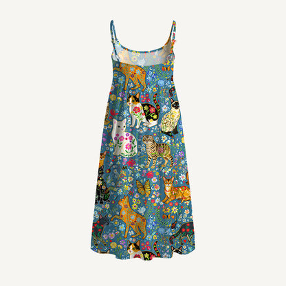 Colorful Garden Cat Spaghetti Strap Mini Dress