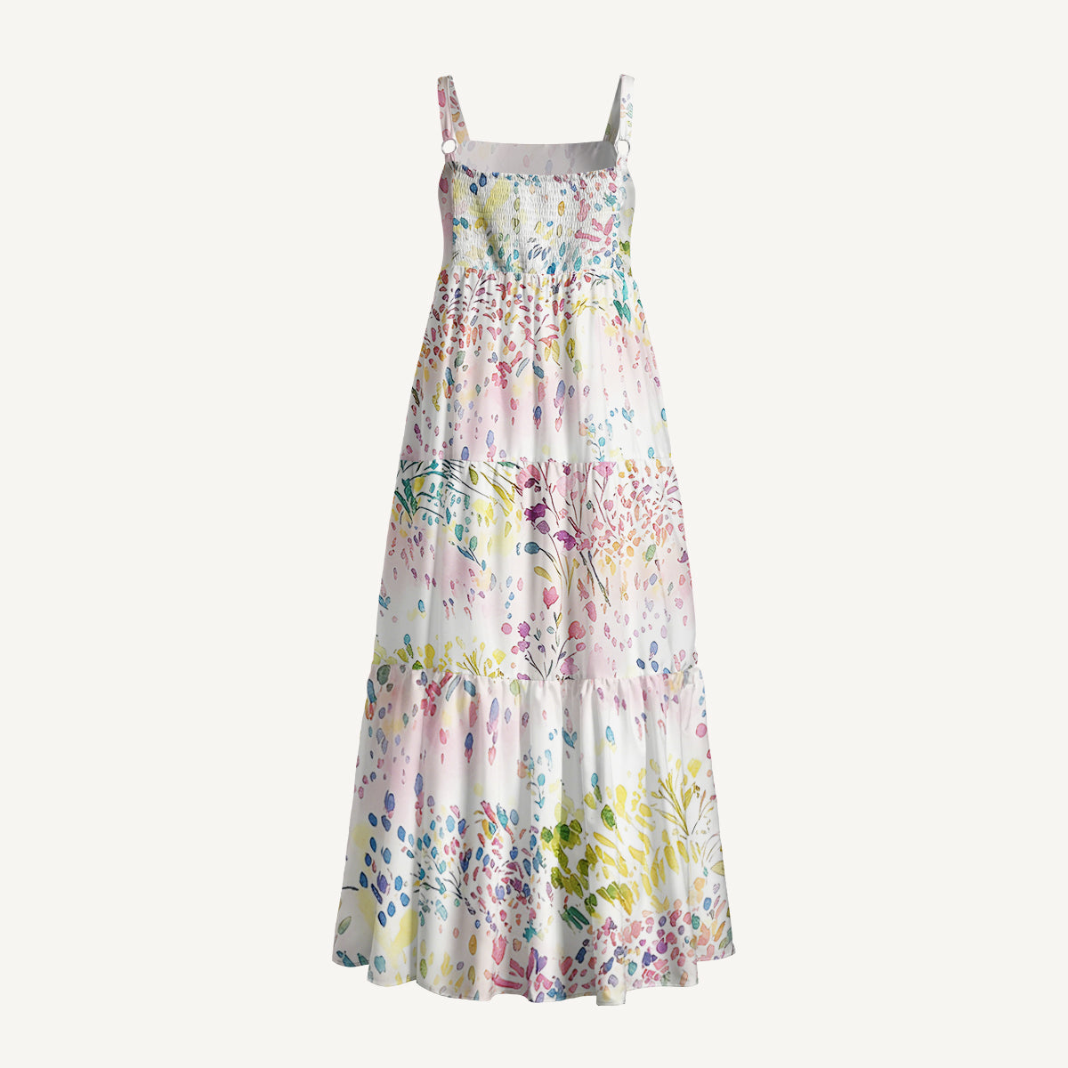 Watercolor Meadow Print Wide Straps Maxi Dress With Pockets