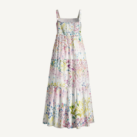 Watercolor Meadow Print Wide Straps Maxi Dress With Pockets