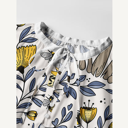 Bee Whisper Forest Print Boho Tie‑Neck Smock Mini Dress