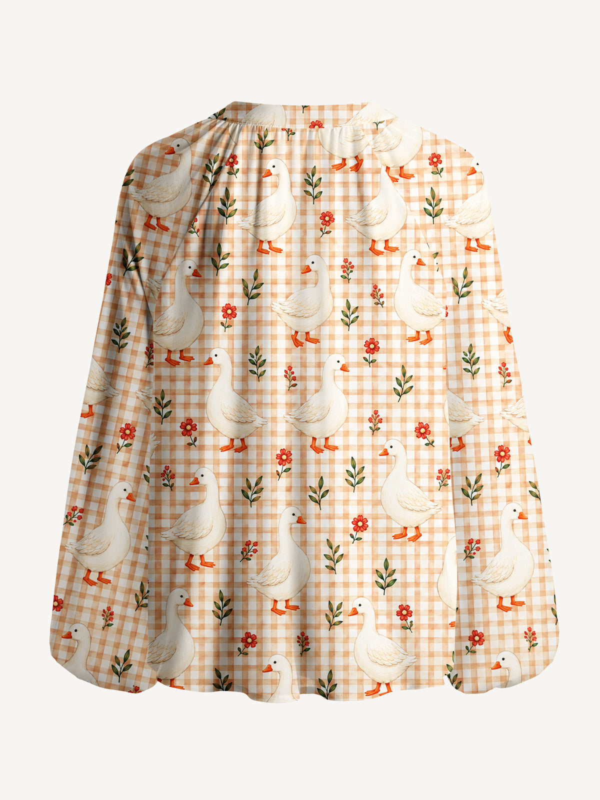 Country Gingham Garden Geese Print Boho Long Sleeve Tie‑Neck Blouse