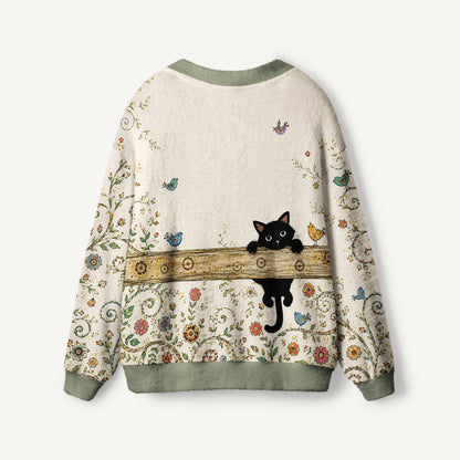 Whimsical Cat Garden Print Ugly Cardigan Sweaters