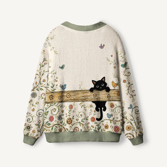 Whimsical Cat Garden Print Ugly Cardigan Sweaters