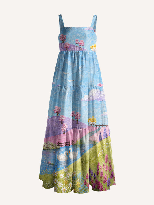 Pastel Swan Meadow Print Wide Straps Maxi Dress With Pockets