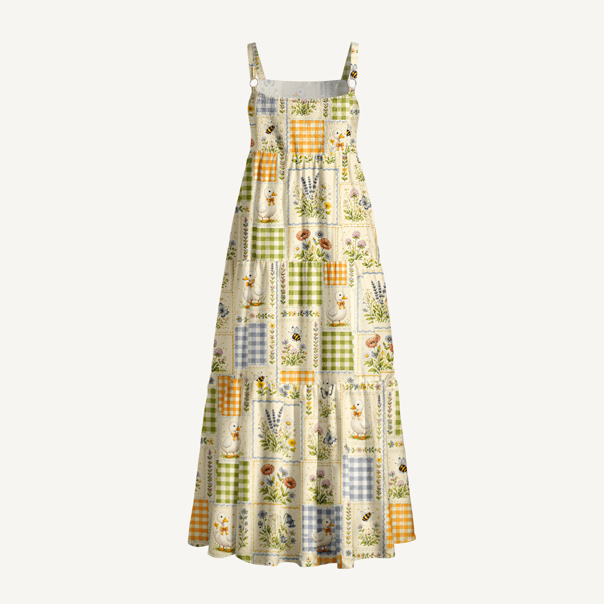 Funny Duck Quilt Patchwork Print Wide Straps Maxi Dress With Pockets