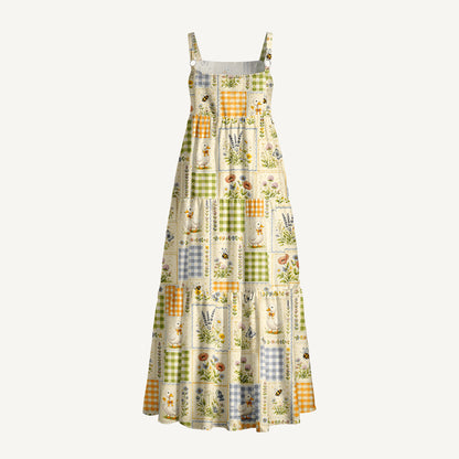 Funny Duck Quilt Patchwork Print Wide Straps Maxi Dress With Pockets