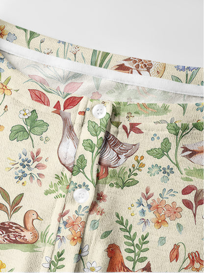 Lightweight Crew Neck Long‑Sleeve Cropped Countryside Garden Critter Print Fine‑Knit Cardigan