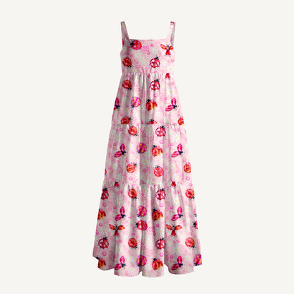 Daisy Ladybug Dance Print Wide Straps Maxi Dress With Pockets