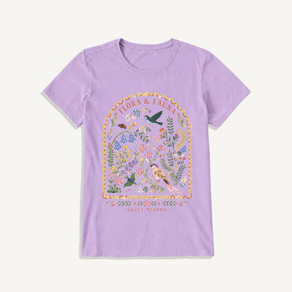 Folk Birds Sweet Meadow Print Crew Neck Cotton Tee