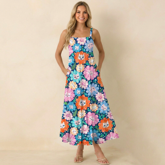 Blooming Kitty Garden Print Wide Straps Maxi Dress With Pockets