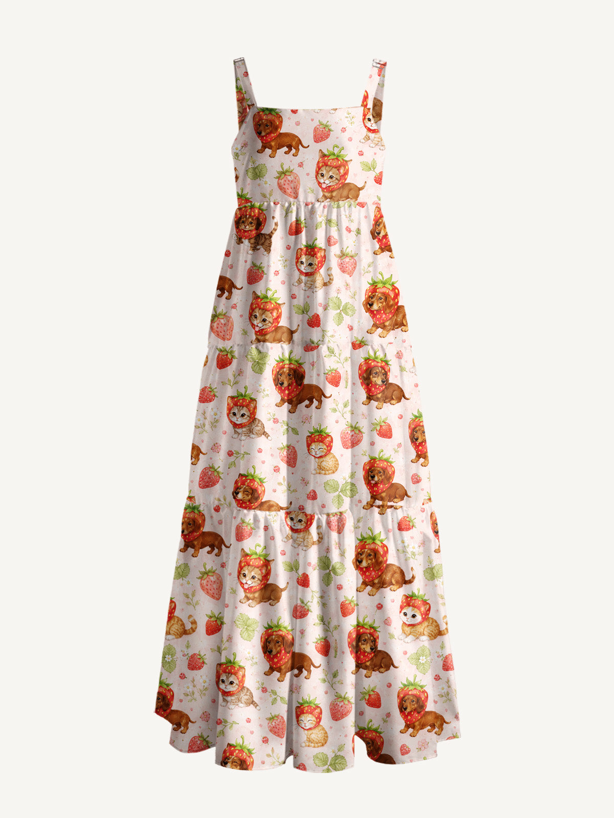 Strawberry-Sweet Puppies and Kittens Print Wide Straps Maxi Dress With Pockets