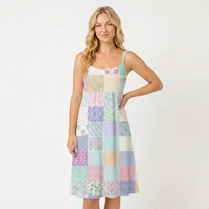 Vintage Quilt Patchwork Spaghetti Strap Mini Dress