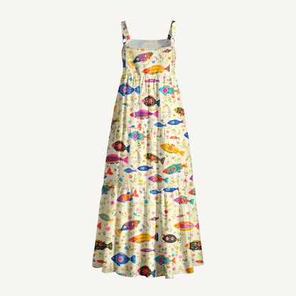 Boho Colorful Fish Print Wide Straps Maxi Dress With Pockets