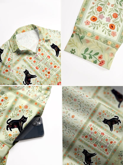 V Neck Collared Cream Garden Black Cat Print Casual Midi Dress With Pockets