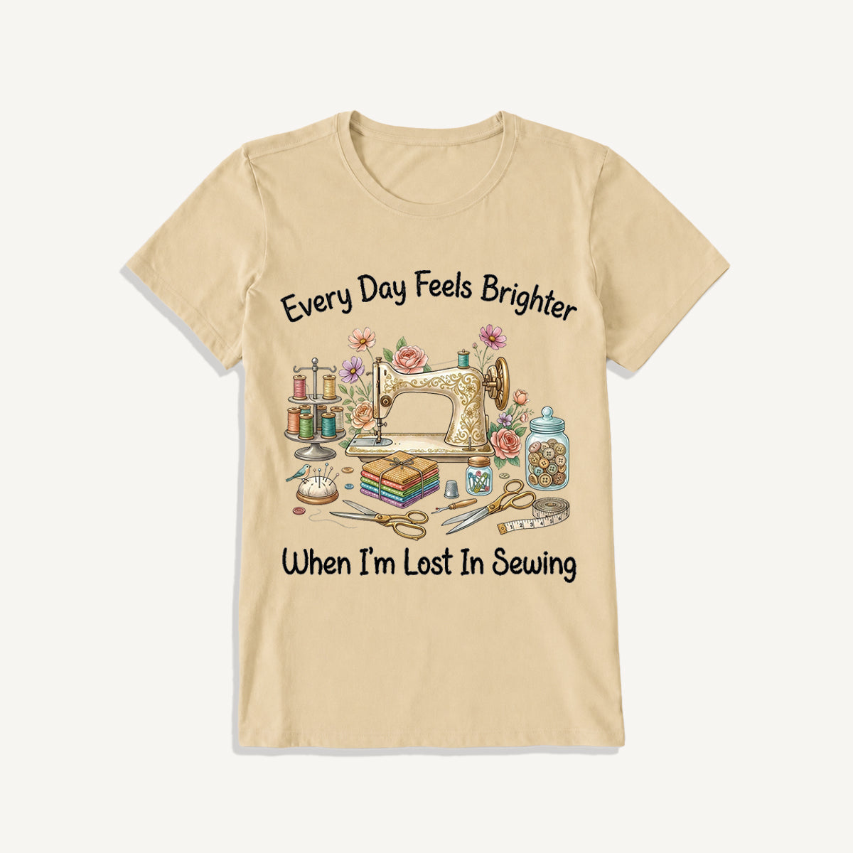 Lost in Sewing Joy Print Crew Neck Cotton Tee