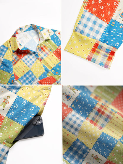 V Neck Collared Vintage Folk Patchwork Print Casual Midi Dress With Pockets