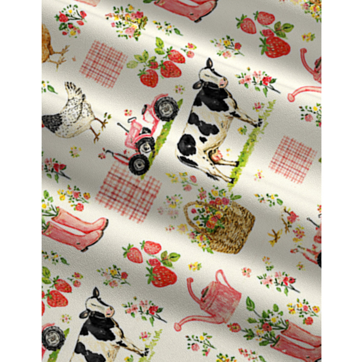 Watercolor Pink Farm Cow Chicken Print Jumpsuit with Pockets for Women