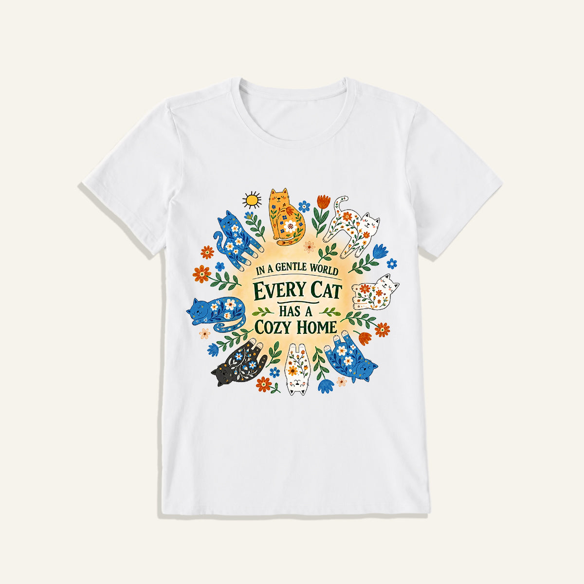 Floral Cats Cozy Home Print Crew Neck Cotton Tee