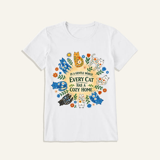 Floral Cats Cozy Home Print Crew Neck Cotton Tee