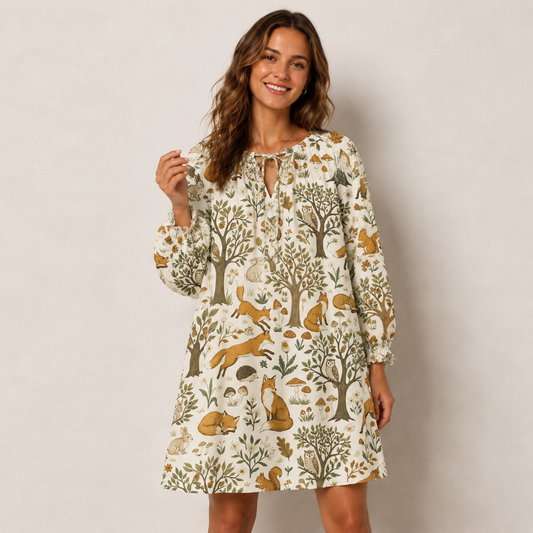 Woodland Creatures Print Boho Long Sleeve Tie‑Neck Smock Mini Dress