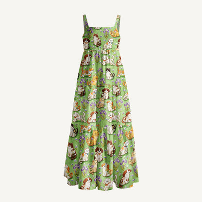 Puppy & Kitty Meadow Print Wide Straps Maxi Dress With Pockets