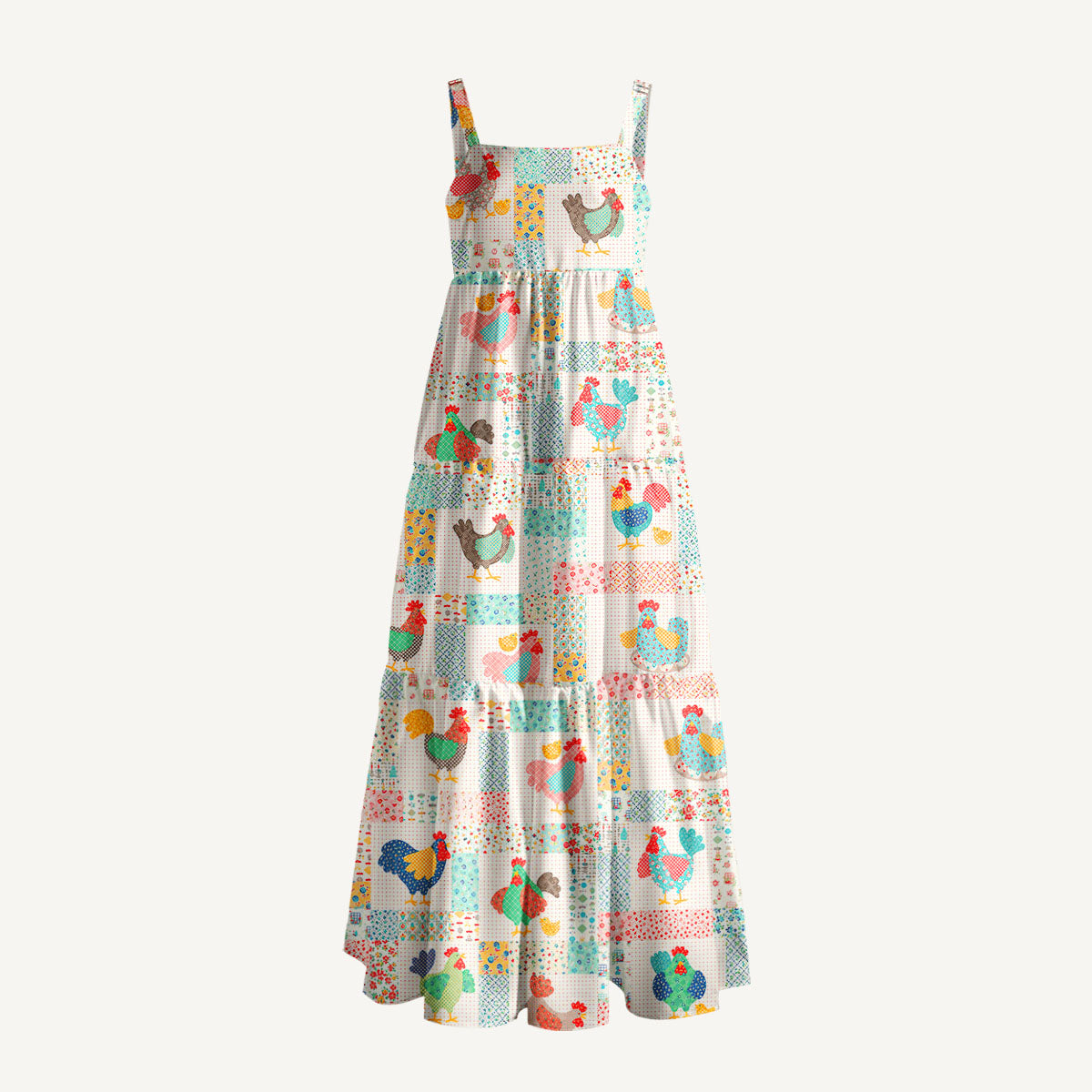 Country Cottage Chicken Print Wide Straps Maxi Dress With Pockets