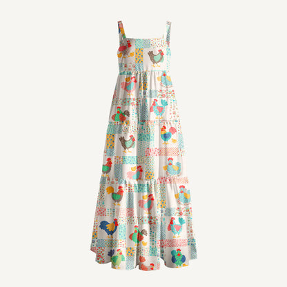 Country Cottage Chicken Print Wide Straps Maxi Dress With Pockets
