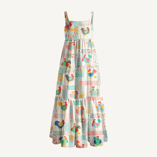 Country Cottage Chicken Print Wide Straps Maxi Dress With Pockets