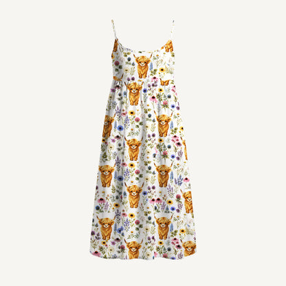 Farm Animal Boho Highland Cow Print Spaghetti Strap Mini Dress