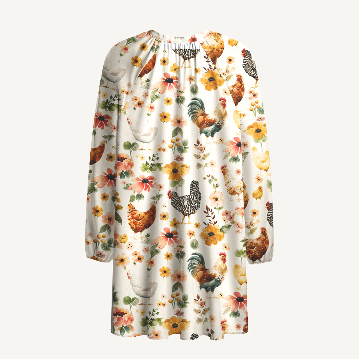 Watercolor Chicken Floral Print Boho Long Sleeve Tie‑Neck Smock Mini Dress