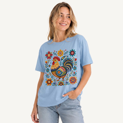 Folk Art Rooster Embroidery Print Crew Neck Cotton Tee