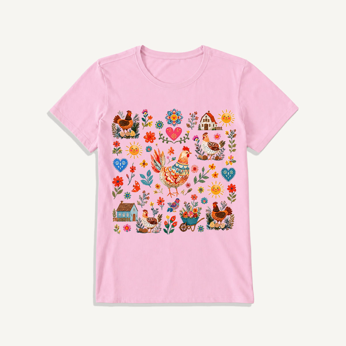 Vintage Farmhouse Chicken Floral Print Crew Neck Cotton Tee