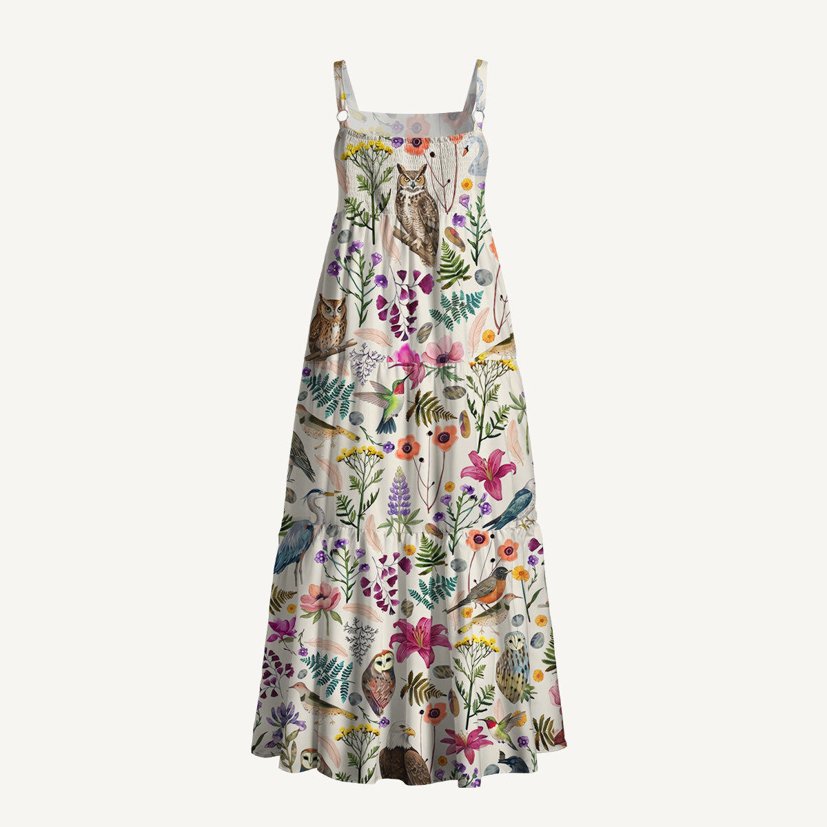 Whimsical Woodland Birds Wildflowers Print Wide Straps Maxi Dress With Pockets