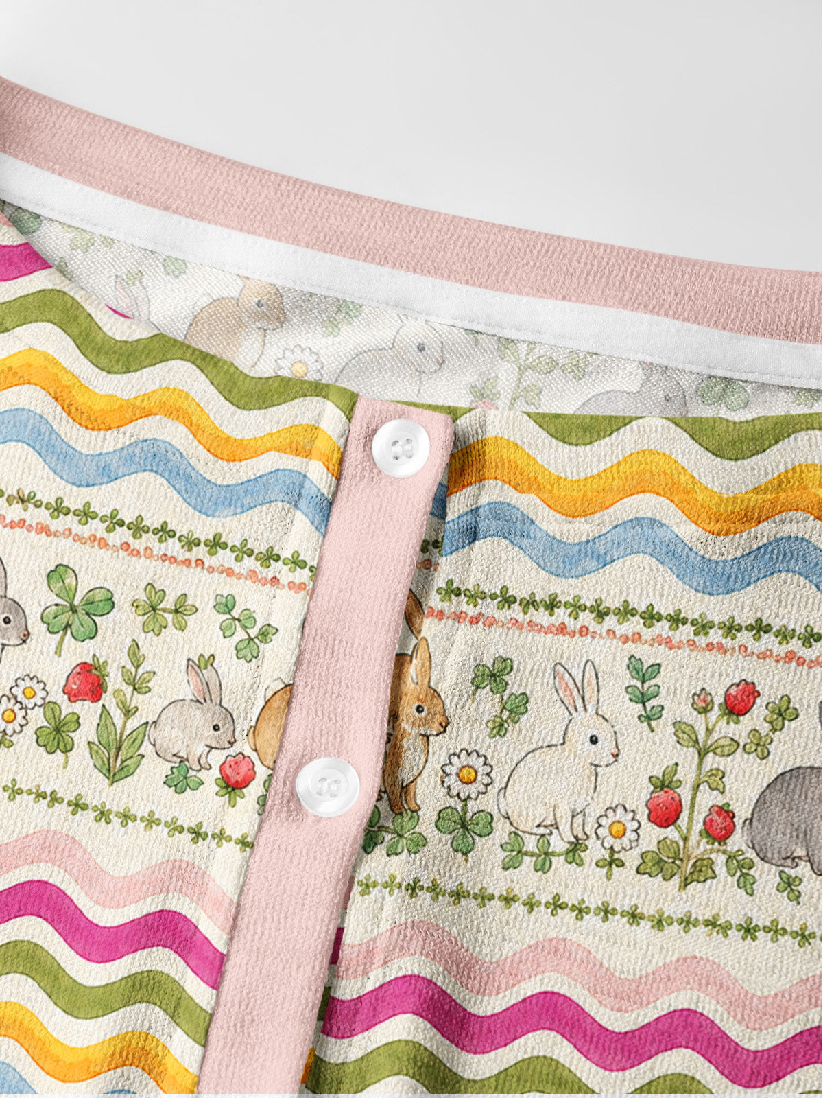 Lightweight Crew Neck Long‑Sleeve Cropped Strawberry Bunny Waves Print Fine‑Knit Cardigan
